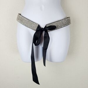 Streets Ahead Crystal Rhinestone Tie Belt Black Satin Ribbon Size M